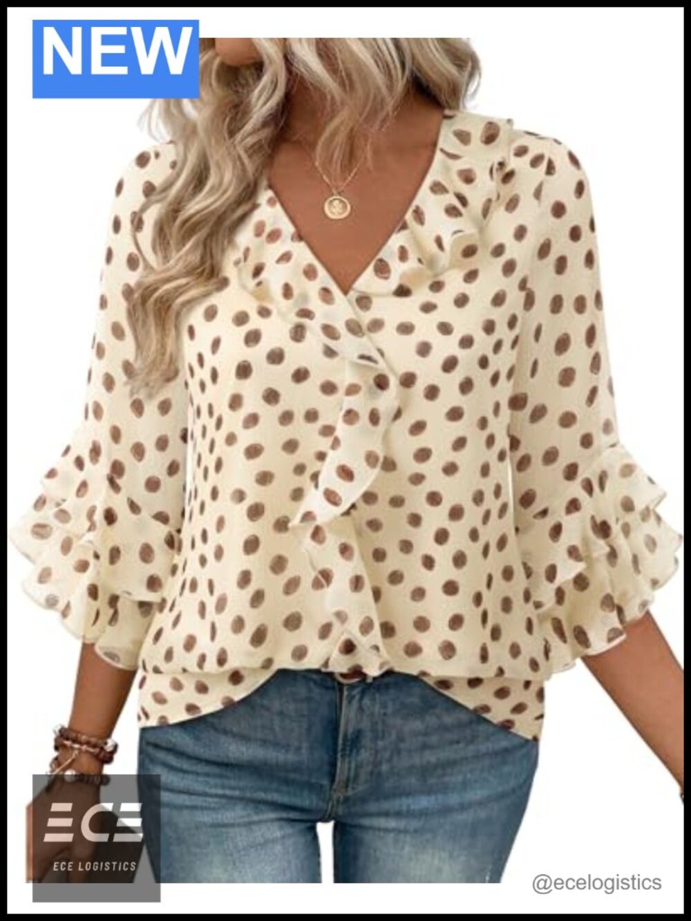 Womens 3/4 Sleeve V Neck Ruffle Blouse Business Casual Work Tunic Top